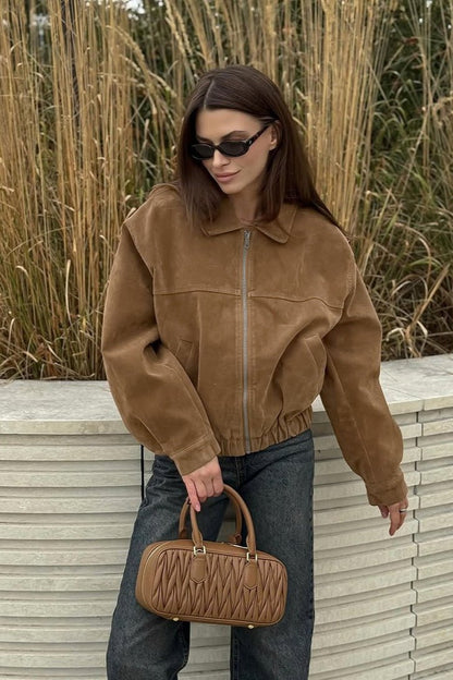 OLANE Faux Suede Zip-Up Bomber Jacket BrownMWomen's Coats & Jackets