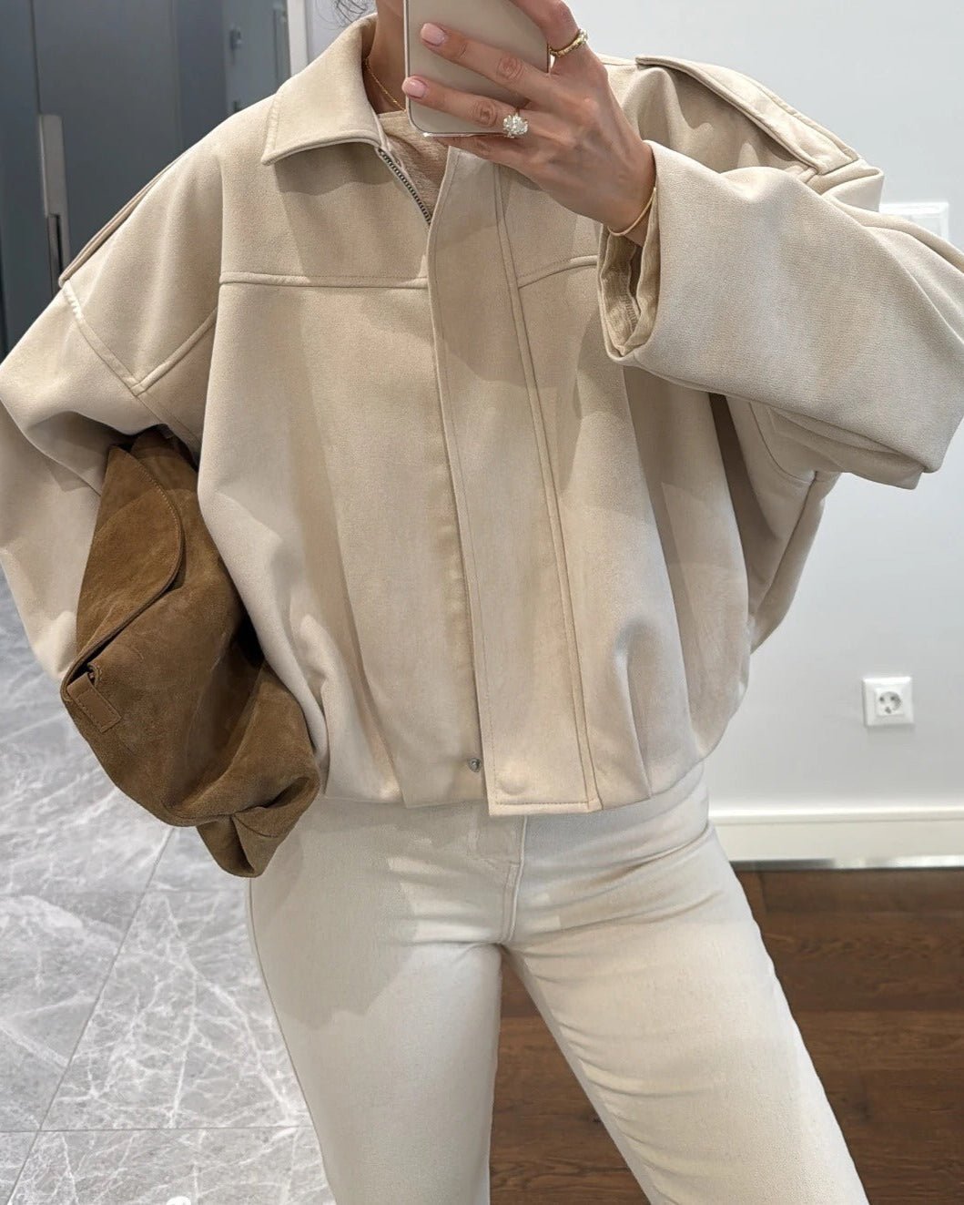 OLANE Faux Suede Zip-Up Bomber Jacket CreamSWomen's Coats & Jackets