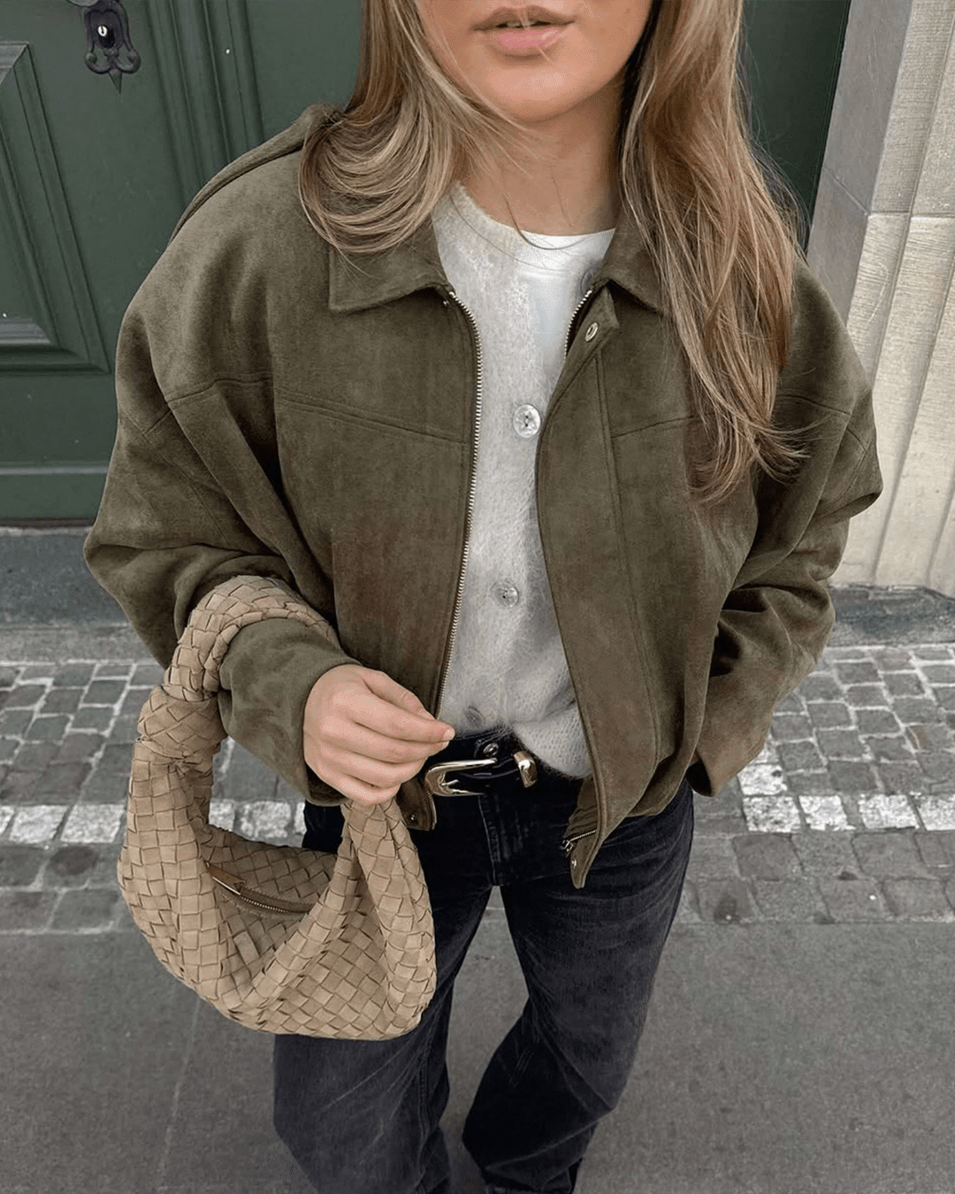 OLANE Faux Suede Zip-Up Bomber Jacket OliveSWomen's Coats & Jackets