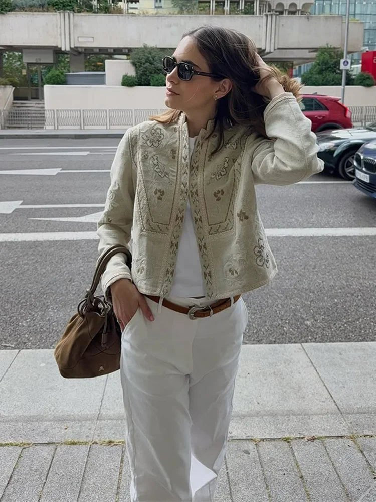 OLANE Floral Mandarin Collar Cropped Jacket BeigeMWomen's Coats & Jackets