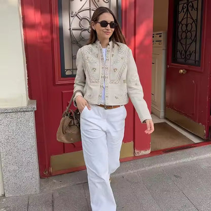 OLANE Floral Mandarin Collar Cropped Jacket BeigeMWomen's Coats & Jackets