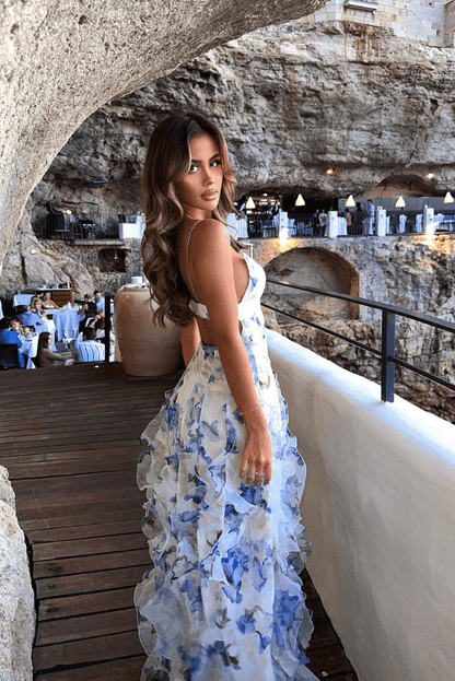 OLANE Floral Ruffle Sleeveless Maxi Dress BlueSWomen's Dresses