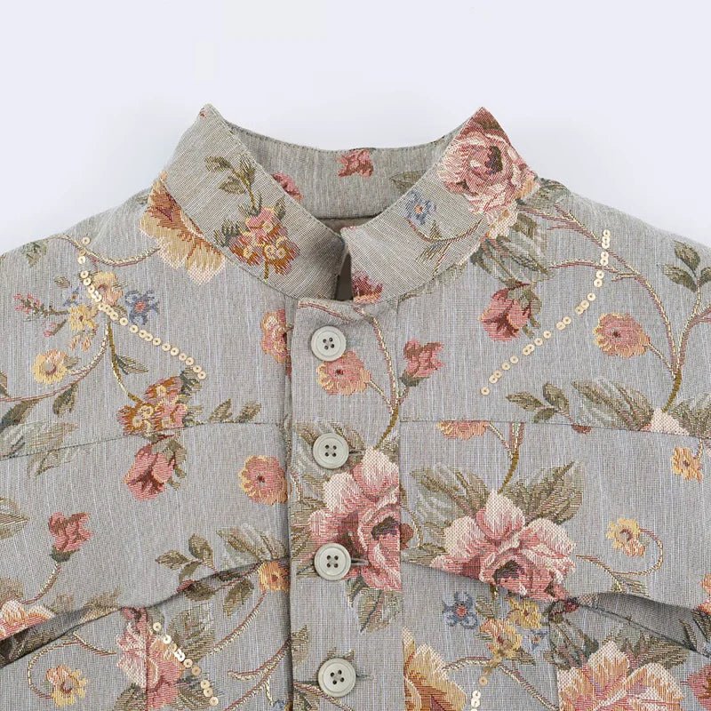 Kurze Vintage-Jacquardjacke mit Blumenmuster