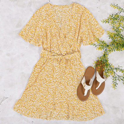 OLANE Floral Wrap-Tie Butterfly Sleeves Mini Dress YellowMWomen’s Dresses