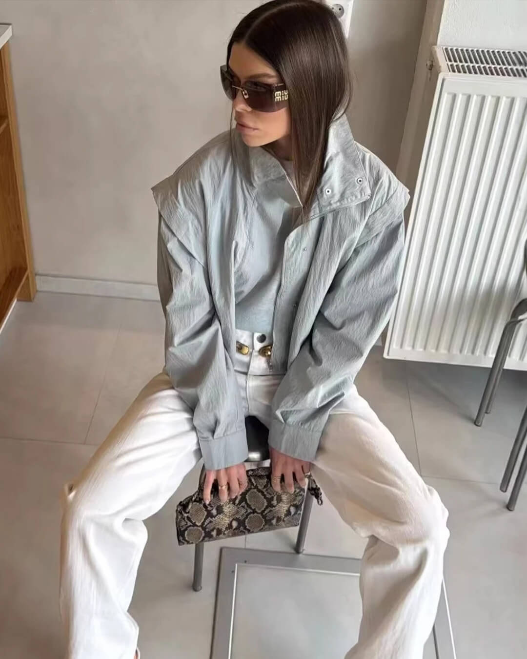 OLANE Full Zip High Collar Cropped Jacket Light BlueLWomen's Coats & Jackets