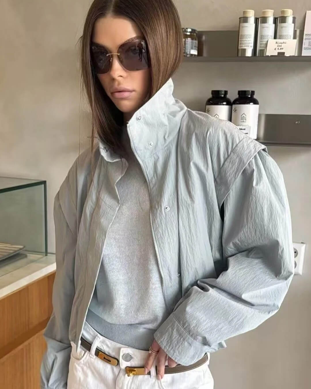 OLANE Full Zip High Collar Cropped Jacket Light BlueSWomen's Coats & Jackets