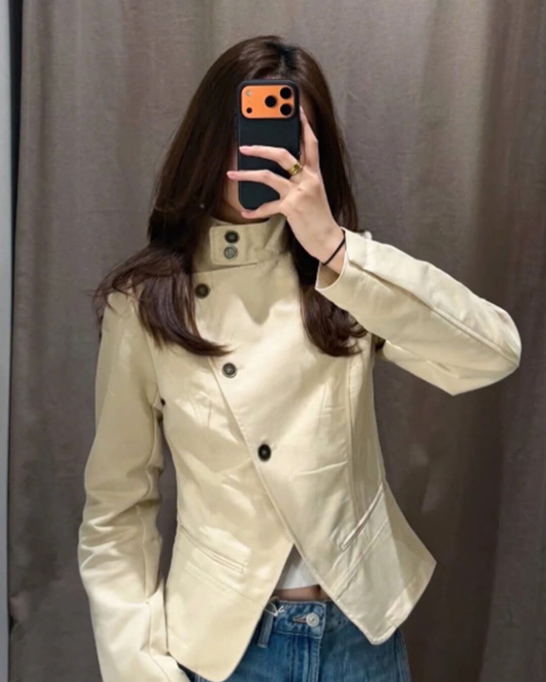 OLANE Funnel Neck Double-Breasted Blazer BeigeSWomen's Blazers