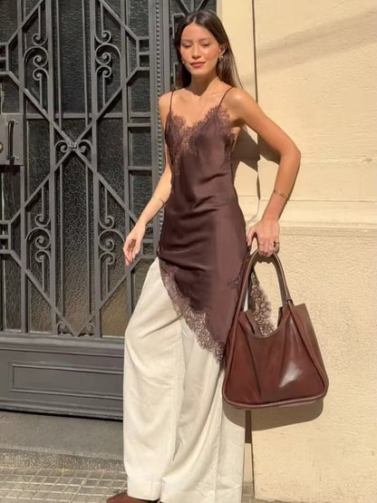 OLANE Gianna Asymmetric Satin Mini Dress BrownSWomen's Dresses