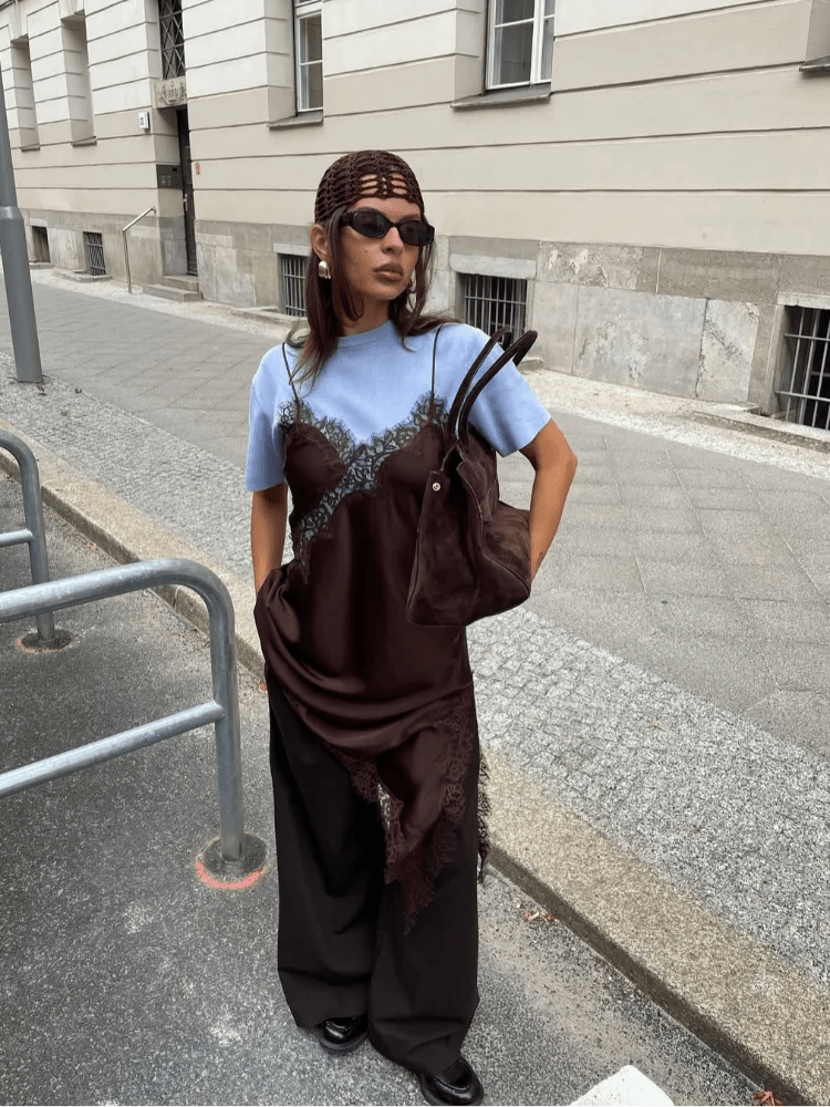 OLANE Gianna Asymmetric Satin Mini Dress BrownSWomen's Dresses