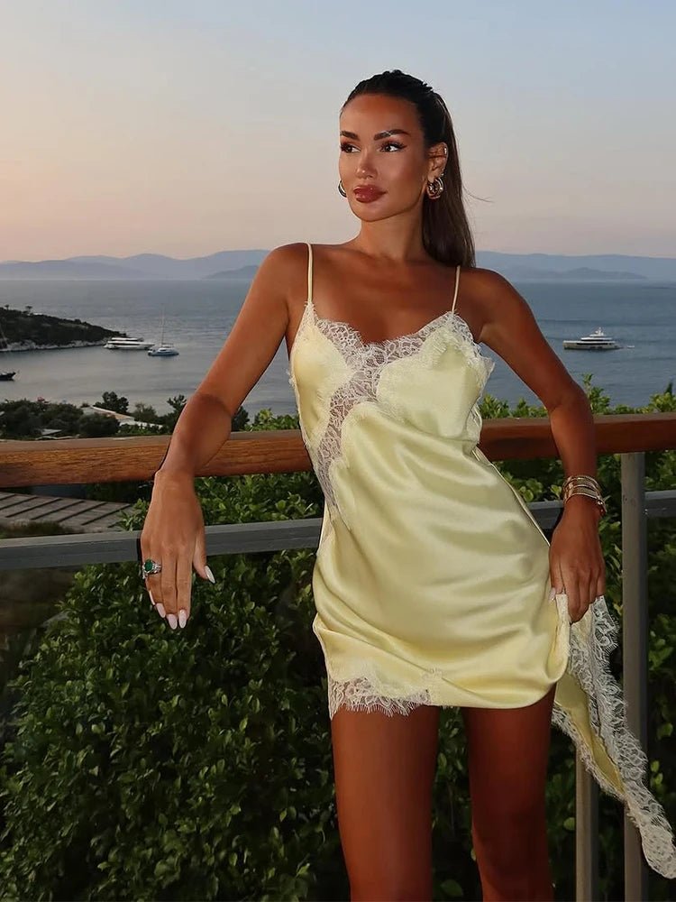 OLANE Gianna Asymmetric Satin Mini Dress YellowSWomen's Dresses