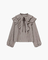 Gingham Ruffle Tie-Neck Blouse