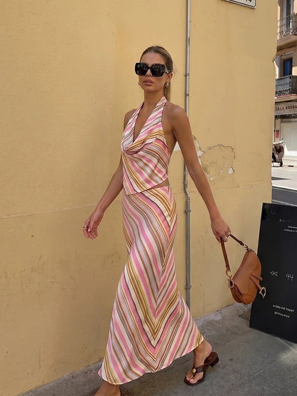 OLANE Halter Neck Bohemian Striped Satin Set Set (Top+Skirt)XSWomen's Sets