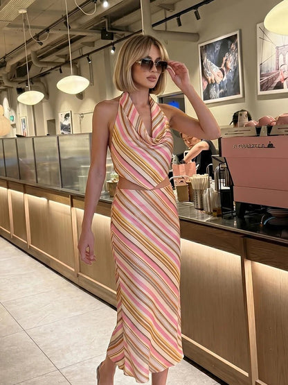 OLANE Halter Neck Bohemian Striped Satin Set Set (Top+Skirt)XSWomen's Sets