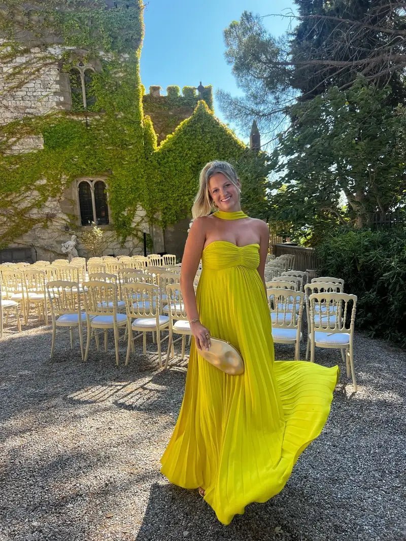 OLANE Halter Ruched Pleated Maxi Dress Lime YellowLWomen's Dresses
