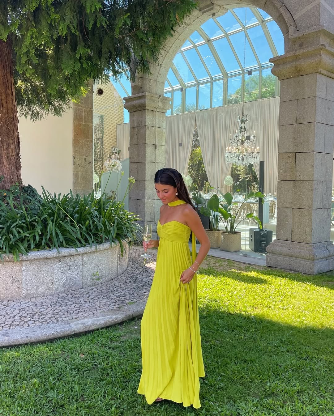 OLANE Halter Ruched Pleated Maxi Dress Lime YellowMWomen's Dresses