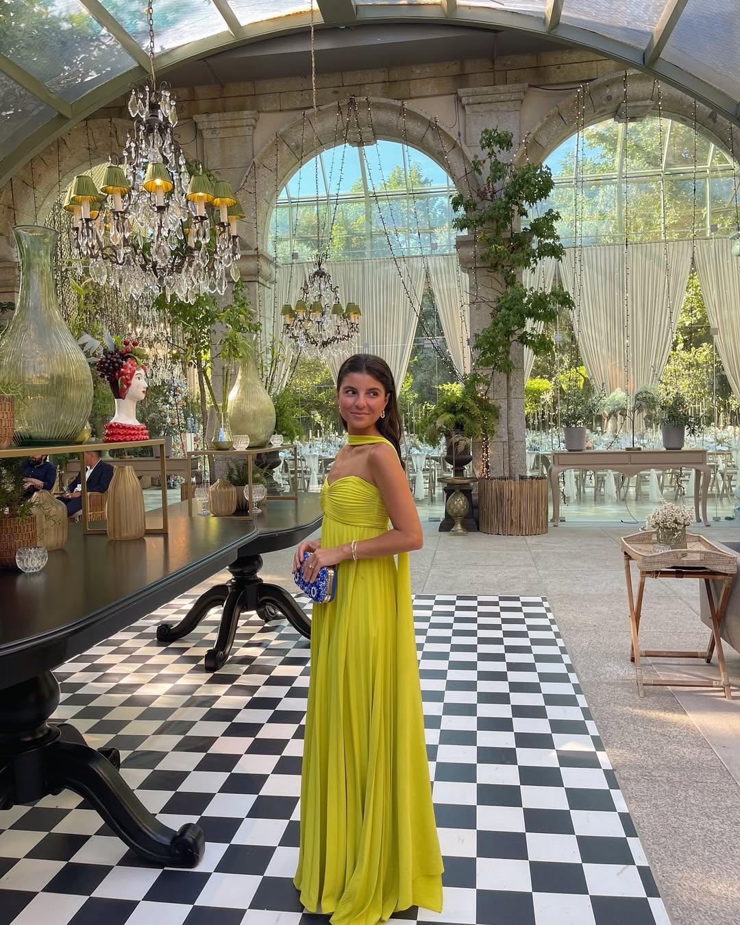 OLANE Halter Ruched Pleated Maxi Dress Lime YellowMWomen's Dresses