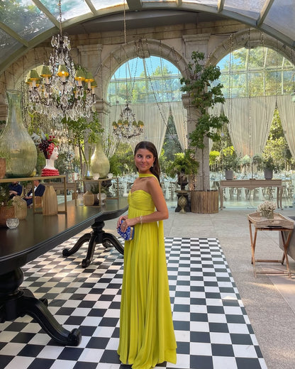 OLANE Halter Ruched Pleated Maxi Dress Lime YellowMWomen's Dresses