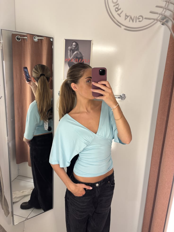 OLANE Hannah Deep V-Neck Lace-Up Crop Tank Top BlueSWomen’s Tops