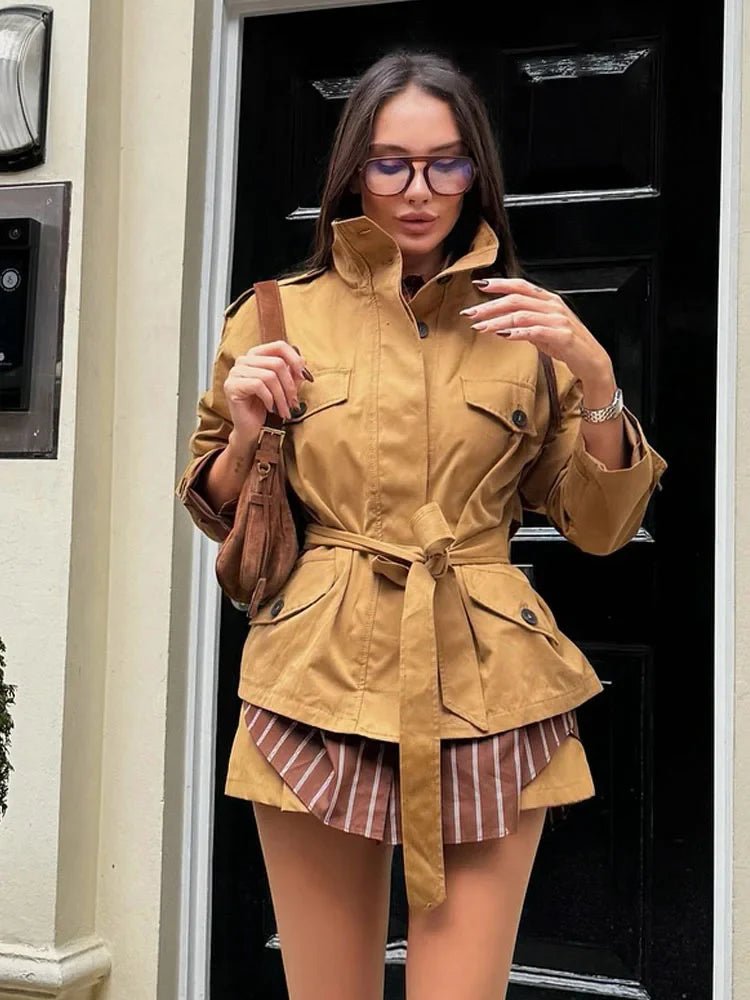 OLANE High Collar Belted Jacket & Skort Set SkortXSWomen's Sets