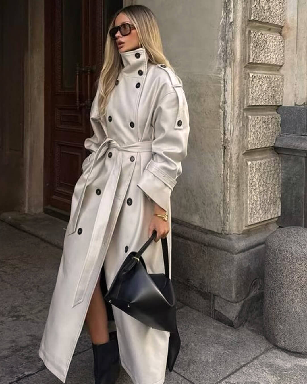 OLANE High-Neck Belted Long Trench Coat CreamLWomen's Coats & Jackets