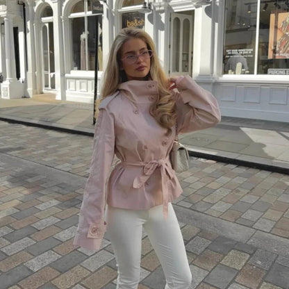 OLANE High Neck Double-Breasted Trench Jacket PinkLWomen's Coats & Jackets