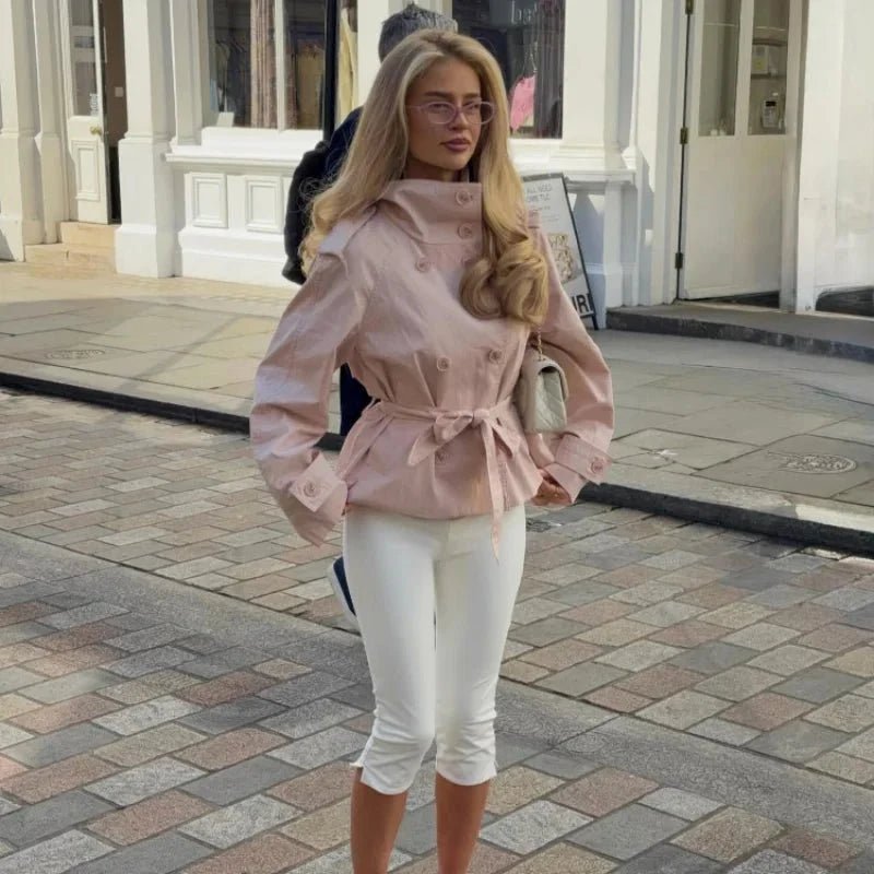 OLANE High Neck Double-Breasted Trench Jacket PinkMWomen's Coats & Jackets