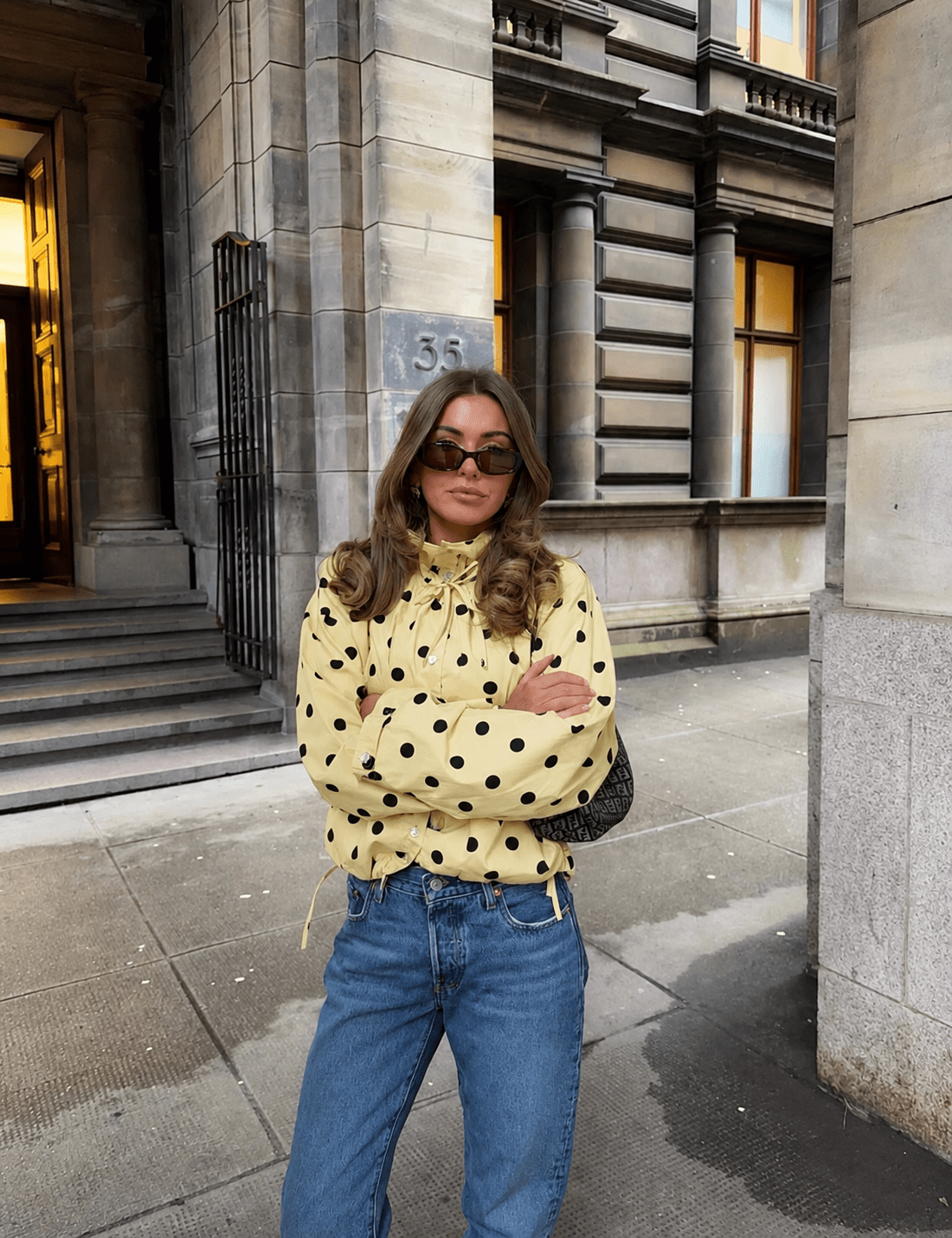 OLANE High Neck Drawstring Polka Dot Jacket YellowXSWomen's Coats & Jackets