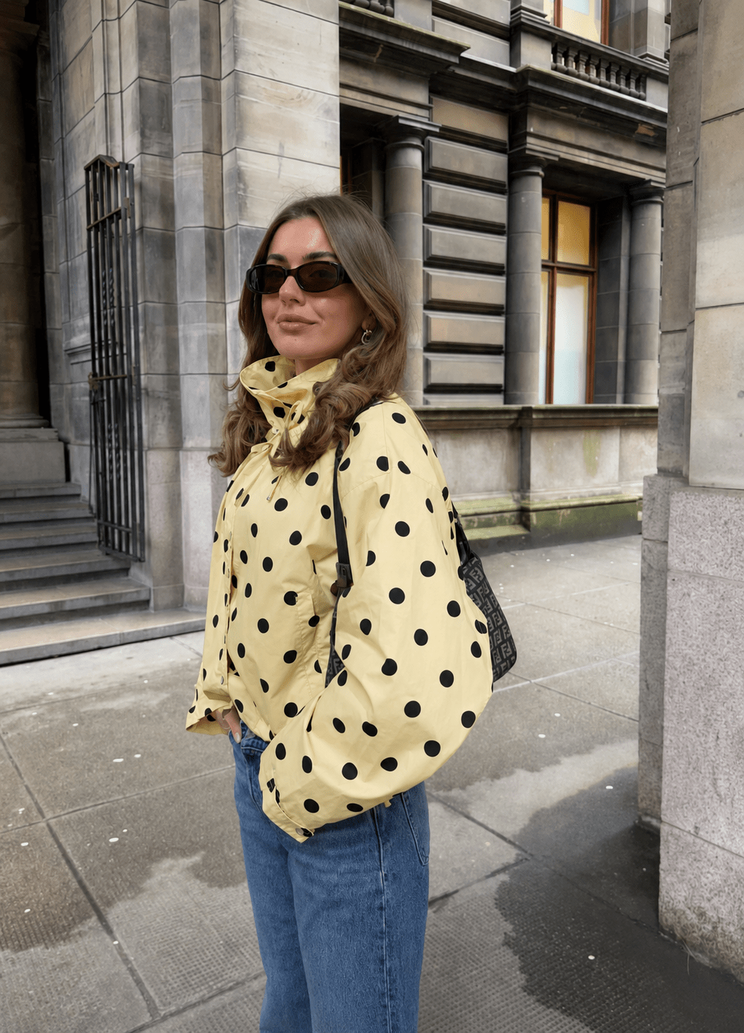 OLANE High Neck Drawstring Polka Dot Jacket YellowXSWomen's Coats & Jackets