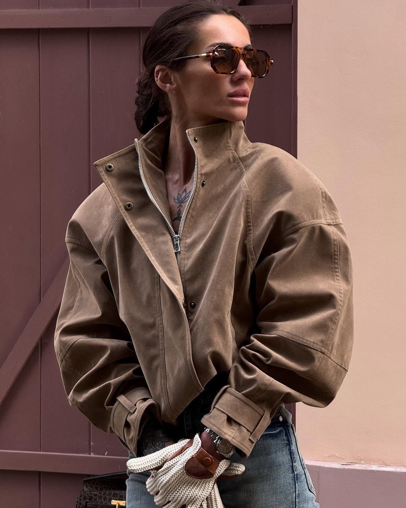 OLANE High Neck Faux Suede Zip-Up Jacket BrownMWomen's Coats & Jackets