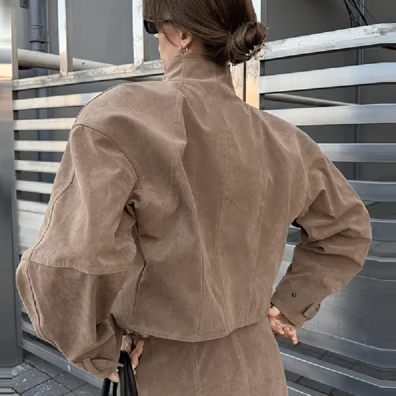 OLANE High Neck Faux Suede Zip-Up Jacket BrownSWomen's Coats & Jackets