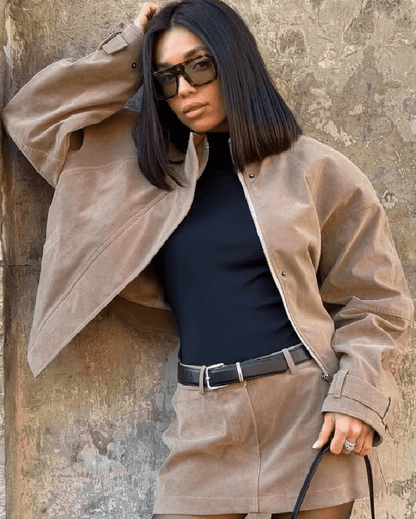 OLANE High Neck Faux Suede Zip-Up Jacket BrownSWomen's Coats & Jackets