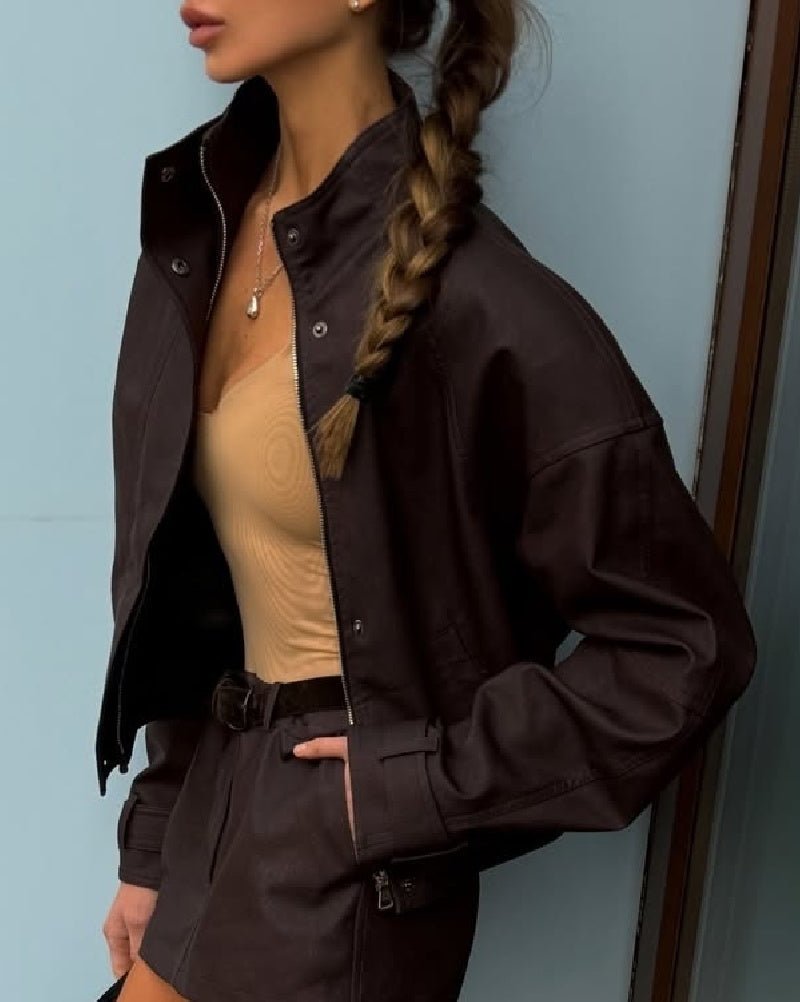 OLANE High Neck Faux Suede Zip-Up Jacket Choco BrownMWomen's Coats & Jackets