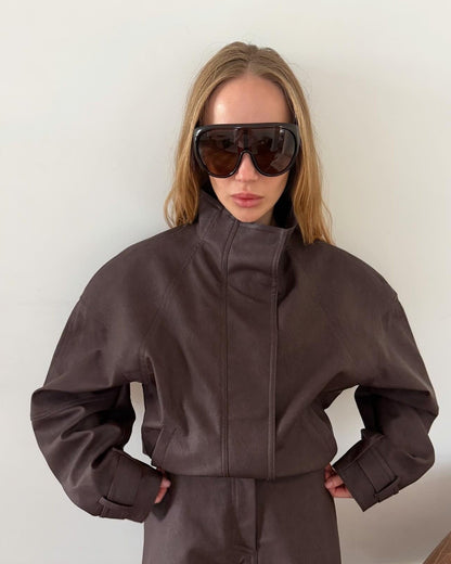 OLANE High Neck Faux Suede Zip-Up Jacket Choco BrownSWomen's Coats & Jackets