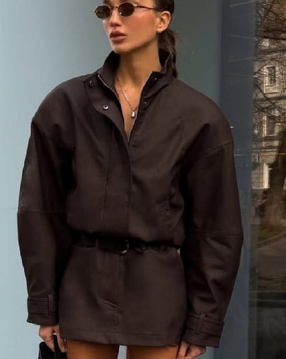 OLANE High Neck Faux Suede Zip-Up Jacket Choco BrownSWomen's Coats & Jackets