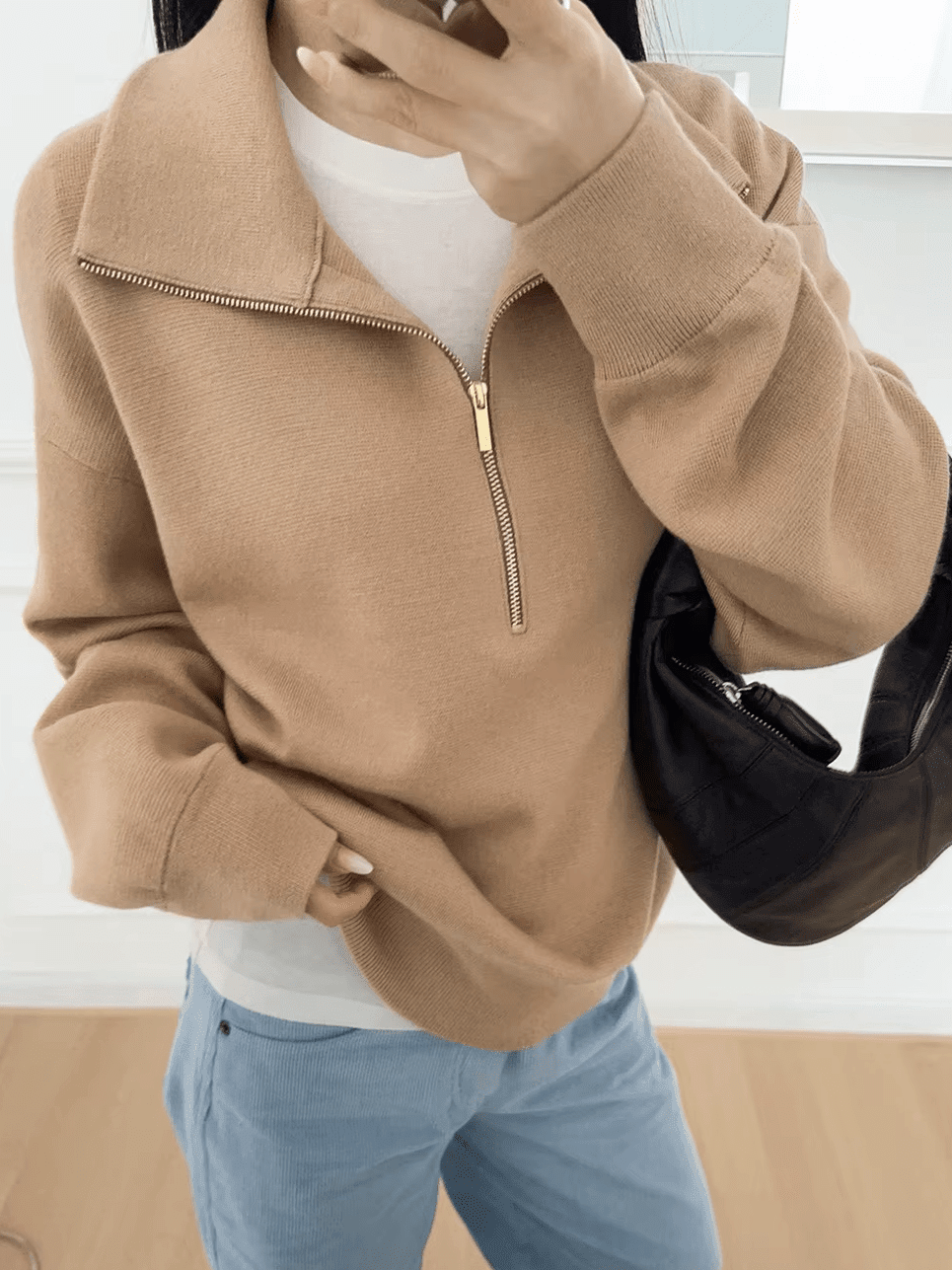 OLANE High Neck Half-Zip Knit Sweater BeigeSWomen's Sweaters & Cardigans