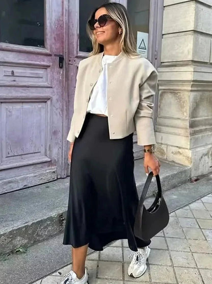 OLANE High Waist Satin Midi Skirt BlackXSWomen's Bottoms