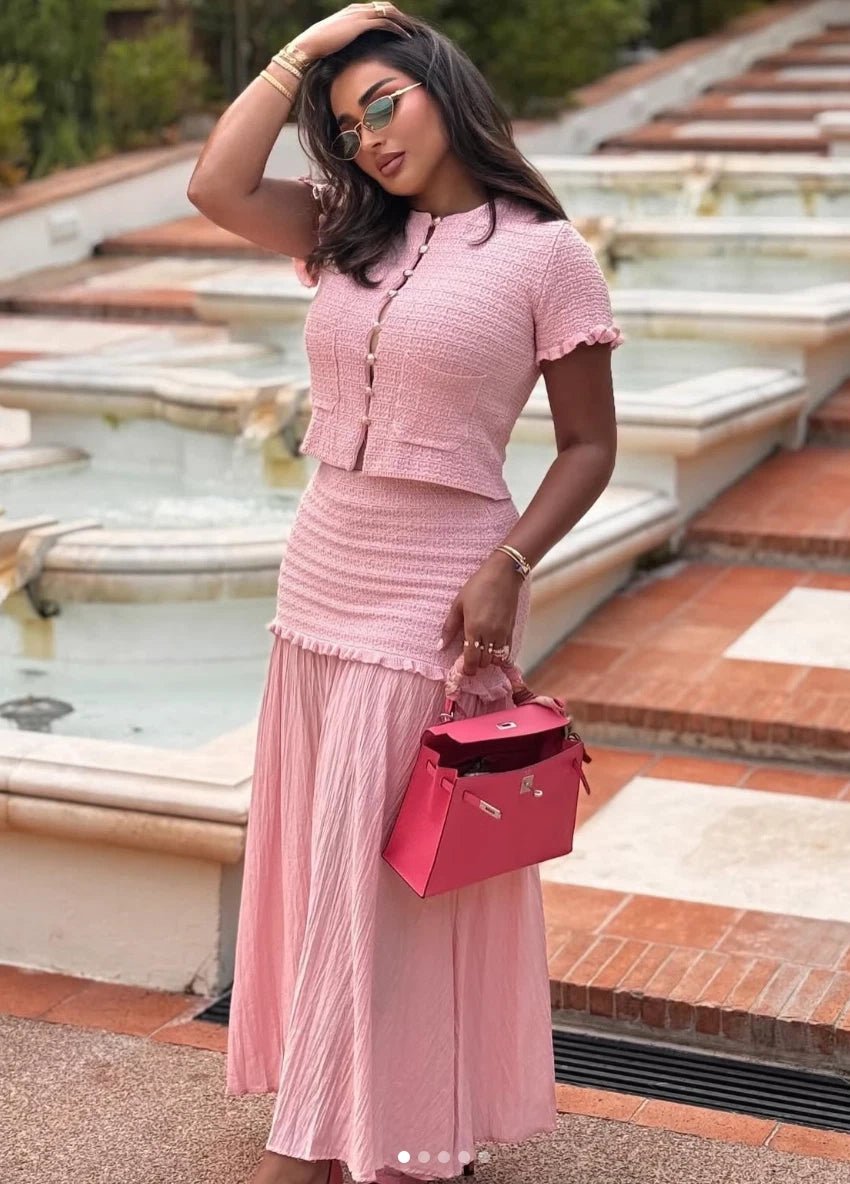 OLANE Julie Knitted Tank Pleated Skirt Set Pink SetSWomen's Sets