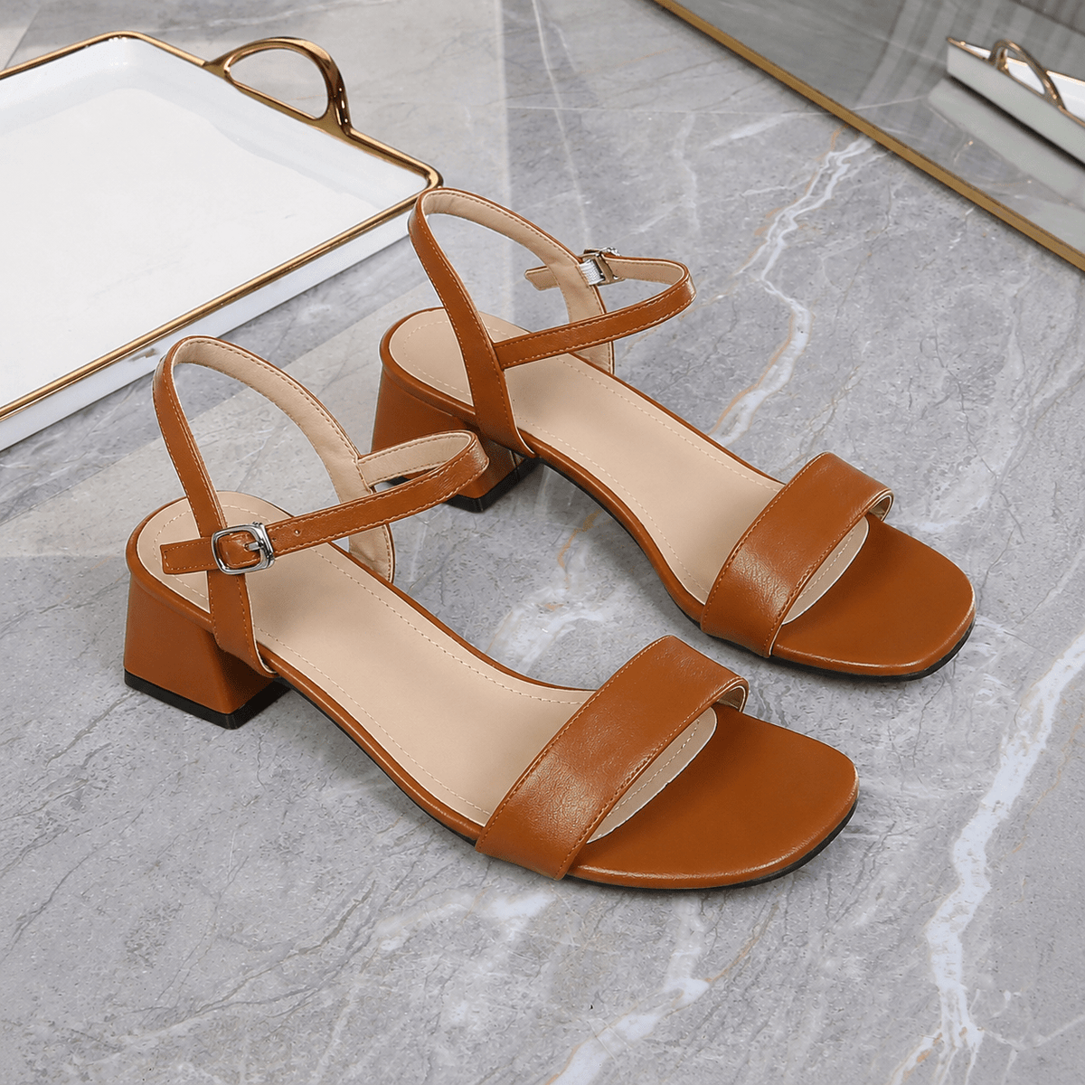 OLANE Kaya Block Heel Ankle Strap Sandal Light Brown35Women's Shoes