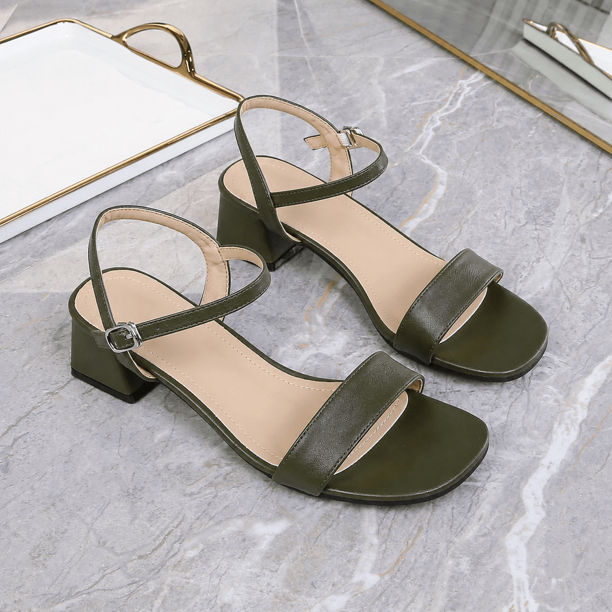 OLANE Kaya Block Heel Ankle Strap Sandal Olive Green35Women's Shoes