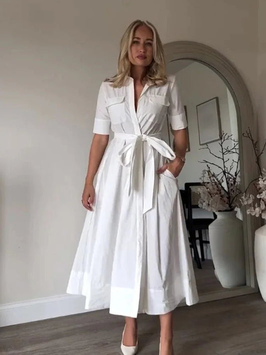 OLANE Kirra Belted Shirt Midi Dress WhiteXSDress