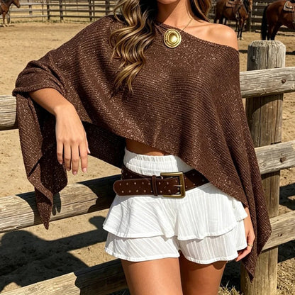 OLANE Evelyn Off-Shoulder Cape Poncho BrownCape