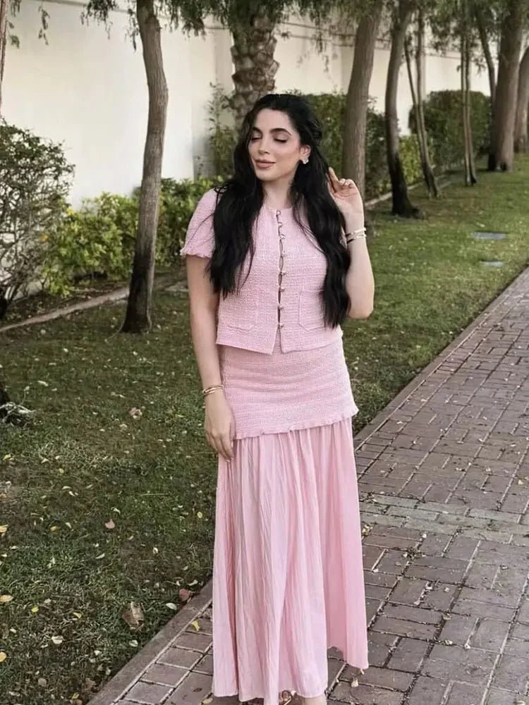 OLANE Knitted Tank Pleated Skirt Set Pink SetSWomen's Sets
