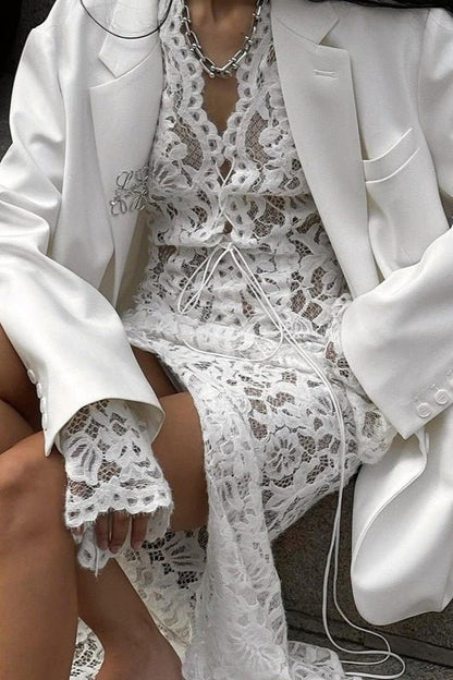 OLANE Lace Deep V Long Sleeve Split Maxi Dress WhiteSWomen's Dresses