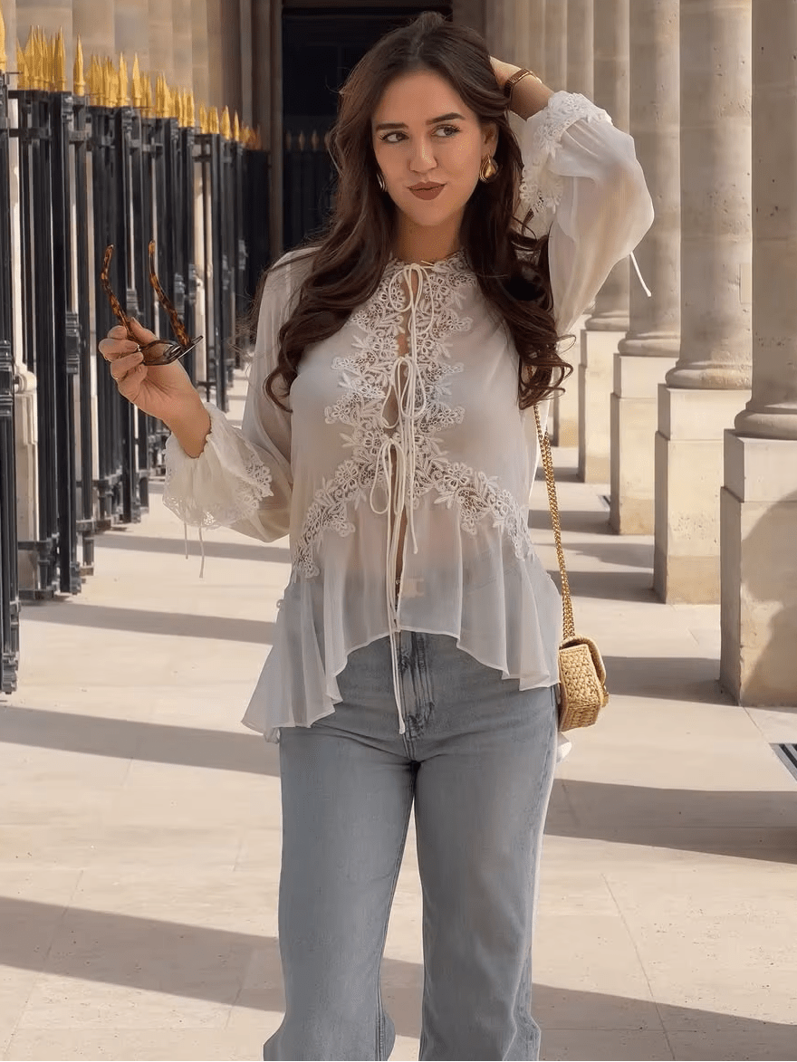 OLANE Lace Flare-Sleeve Hollow-Out Cardigan WhiteSWomen's Sweaters & Cardigans