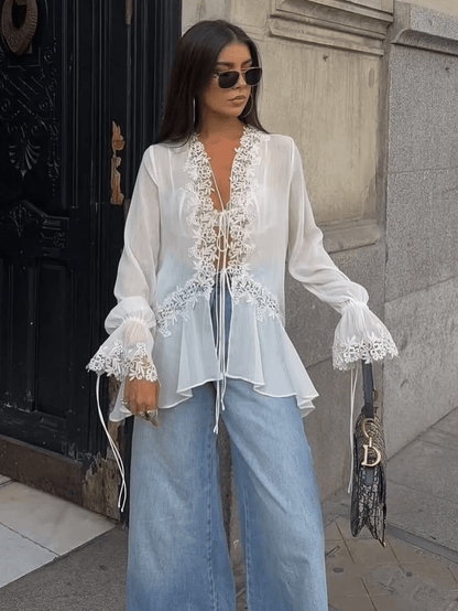 OLANE Lace Flare-Sleeve Hollow-Out Cardigan WhiteSWomen's Sweaters & Cardigans