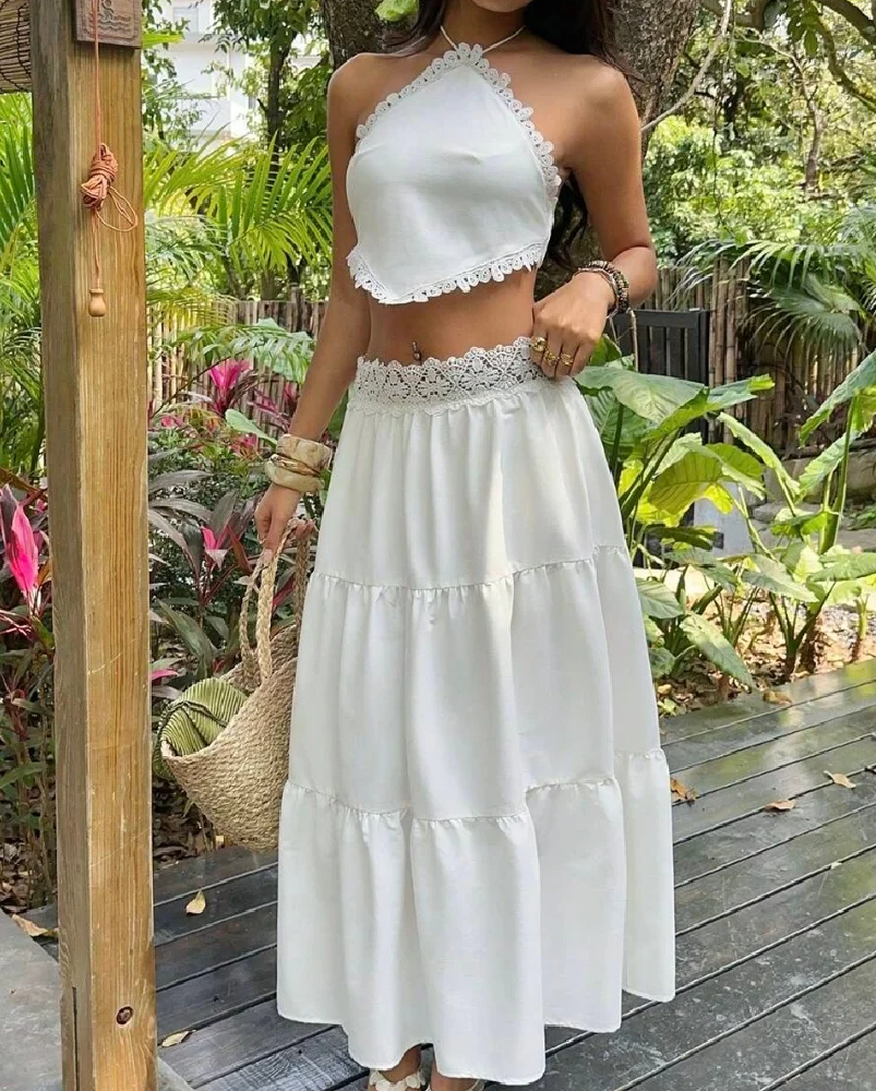 OLANE Lace Halterneck Layered Skirt Set SWomen's Sets