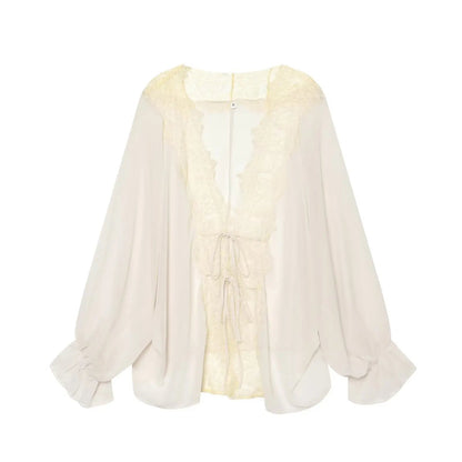 OLANE Lace Patchwork Tie-Front Blouse WhiteXSWomen’s Tops