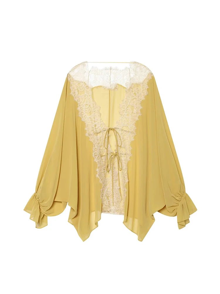 OLANE Lace Patchwork Tie-Front Blouse YellowXSWomen’s Tops