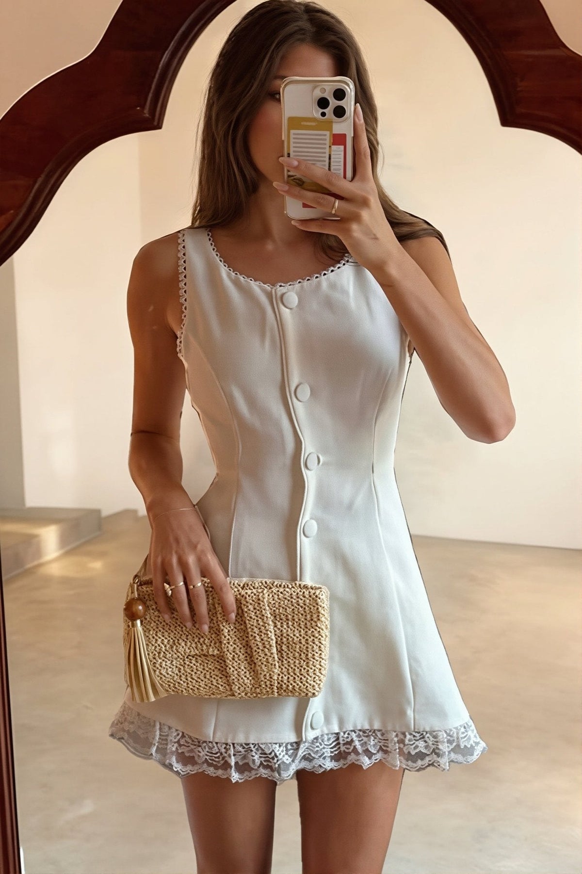 OLANE Lace Trim Fit and Flare Mini Dress WhiteMWomen's Dresses