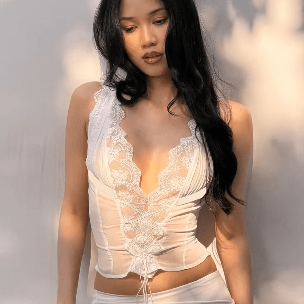 OLANE Lace Trim Tie Back Skirt Set White Set (Top+Skirt)SSkirt